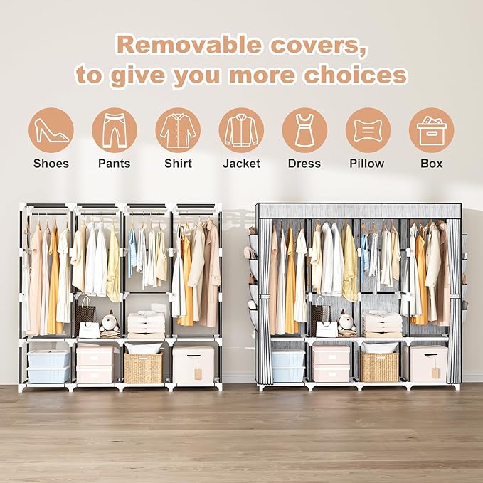 Portable Closet for Hanging Clothes, 67 Inch Wide Portable Wardrobe Closet with Cover, 4 Hanging Rod, Storage Shelves and Sid