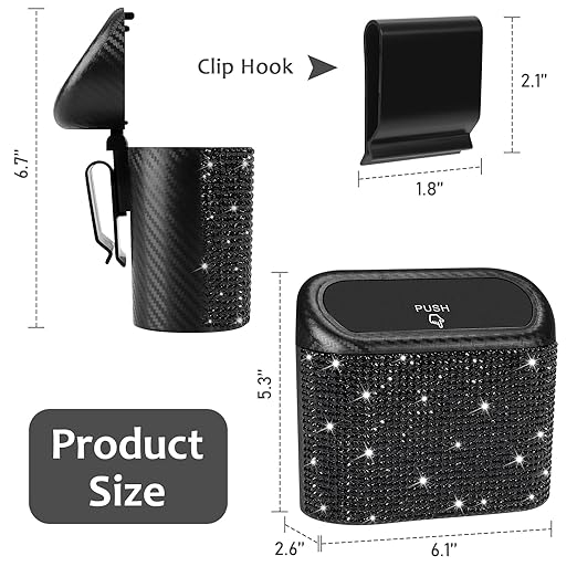 Accmor Bling Car Trash Can with Lid, Mini Vehicle Trash Bin, Car Dustbin Garbage Organizer with 60 Trash Bag, Leakproof Auto Storage Bag Container for Car, Home, Office (Carbon Fiber&Black Rhinestone)