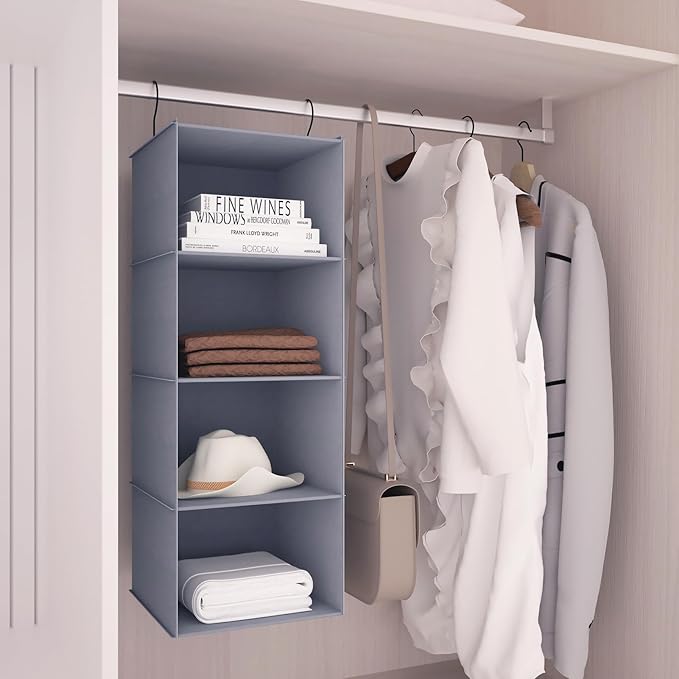 Hanging Closet Organizer, Easy Mount Foldable 4-Shelf Hanging Closet Wardrobe Storage Shelves, Clothes Handbag Shoes Accessor