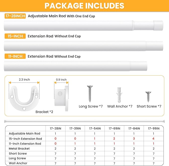 2 Pack Closet Rods for Hanging Clothes,17-84 Inch No-Cut Stepless Adjustable Closet Rod, 1.3 Inch Heavy Duty Metal Closet Han