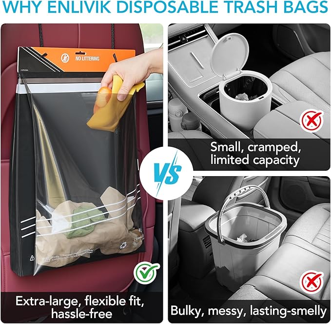 50 Pcs Disposable Car Trash Bags – Leakproof & Odor-Lock 2 Gallon Hanging Auto Garbage Bags – Hanging from Headrest/Easy Stick-On Trash Can for Car, Truck, SUV, Travel & Ride-Share