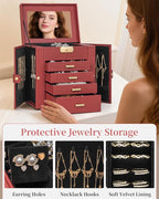 TORIBIO Jewelry Box for Women, Leather Jewelry Organizer with Mirror & Lock, 5-Tier Jewelry Storage Organizer with 4 Drawers 