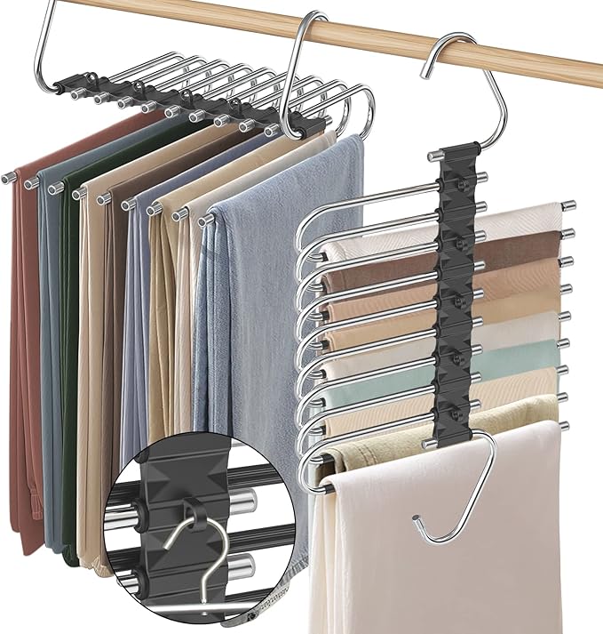 Upgrade 9 Layers Pants Hangers Space Saving, 2 Pack Non Slip Stainless Steel Multifunctional Pants Rack Closet Pant Hanger Or
