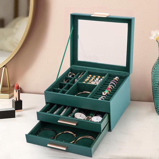 3-Layer Jewelry Box for Women, Jewelry Organizer with Glass Lid and Drawers, Jewelry Organizers and Storage for Necklaces, Ri