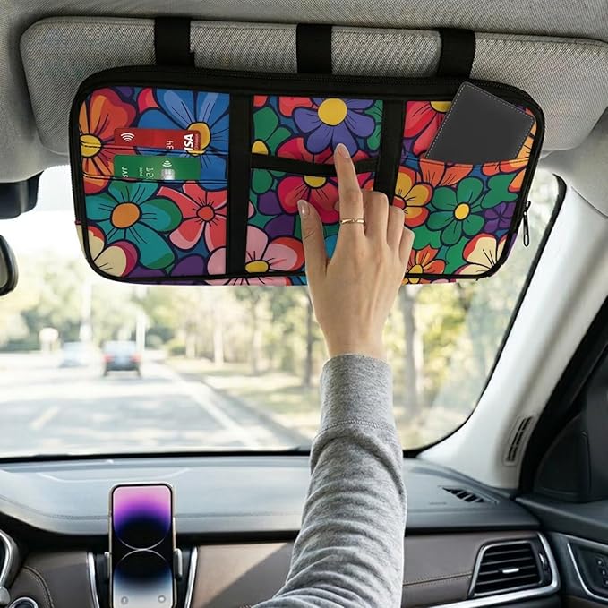 Car Sun Visor Organizer,Hippie Flower Multi-Pocket Car Truck SUV Storage Pouch Holder Elastic Bands Universal Fit Document Holder for Registration