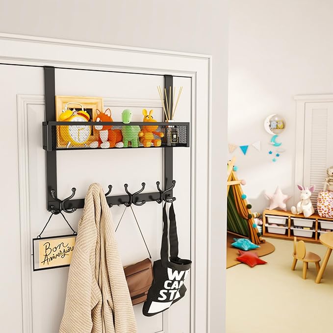SWTYMIKI Over The Door Hook with 16 Hooks & Mesh Baskets - Heavy Duty Over The Door Organizer Hanger for Towels, Coats, Cloth