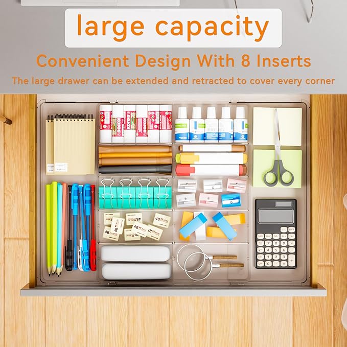 Yieach Large Expandable Desk Drawer Organizer Tray for Office Supplies and Accessories With 12 Adjustable Compartments,Office