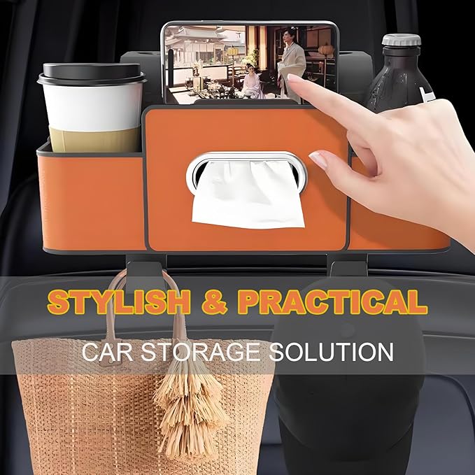 Car Back Seat Organizer, Multifunctional Car Seat Back Storage Box with 2 Cup Holders, Tissue Box for Hold Phones,Snacks, Drinks, Handbags (Black)
