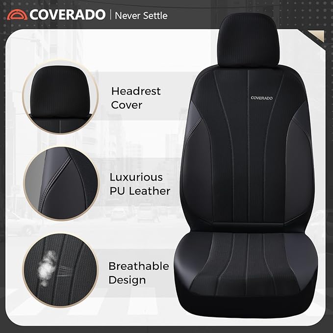 Coverado Car Seat Covers Full Set, Automotive Seat Covers 5-piece, Leather Car Protectors 5 Seats, Black Auto Seat Covers Spi