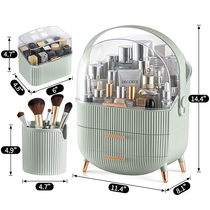 CANITORON Makeup Organizer,Skincare Organizer with 2 Drawers and Brush Storage Box,Lipstick Holder,Cosmetic Display Case for 