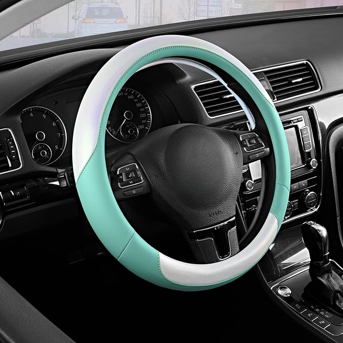 Road Comforts Steering Wheel Cover – Breathable Leather Steering Wheel Cover, Anti-Slip Grip, Universal Fit 14.5” to 15”, Hea