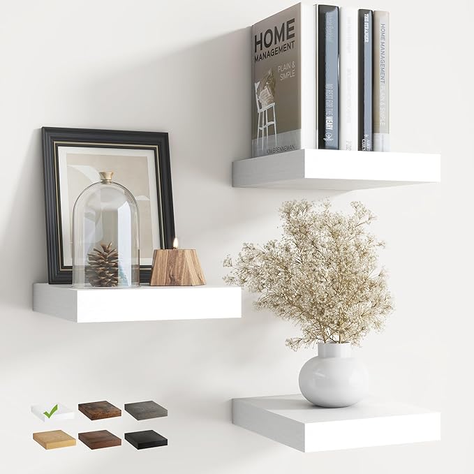 8 Inch Square Floating Shelves for Wall 3 Pack, 8"D Wood Grain Bathroom Shelves with Invisible Brackets, Easy Install Enginee