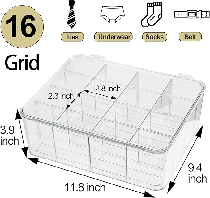 ZEXALOR Socks Underwear Drawer Organzier Dividers, 16 Compartment Removable Divided Plastic Storage Bin with Lid, Storage Org