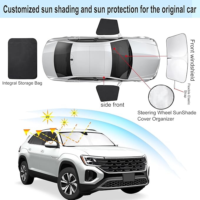 3PCS Car Window Shades Front Windshield Sun Shade Foldable Window Shade Custom Fit for Volkswagen Atlas VW Atlas Cross Sport 2018-2026 Shades Windows Anti-UV Rays Block Heat