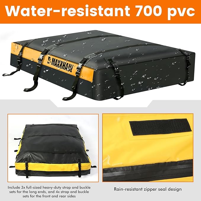 MaxxHaul 50853 Truck Platform Rack Rooftop Cargo Carrier Bag, 20 Cu Ft (63″ L × 54″ W × 10″ H), Heavy-Duty PVC, Weather-Resistant with Lockable Zipper & Full Strapping System