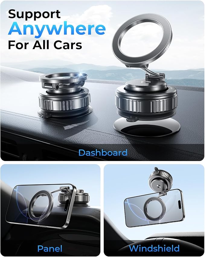 2026 Ultimate Vacuum Magnetic Car Phone Holder – 109+ LBS Super Strong Suction & 2800+ GF Magnetic Grip, 360° Rotation Dashboard/Windshield/Mirror Mount for iPhone 12–17&Samsung, Quick Lock, Black