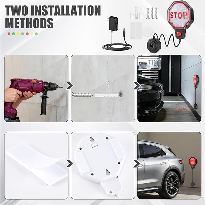 Lawnldyll Garage Parking Sensor Aid, Garage Stopper for Parking Car, Adjustable Car Stop Assistant with Red/Yellow/Green LED 