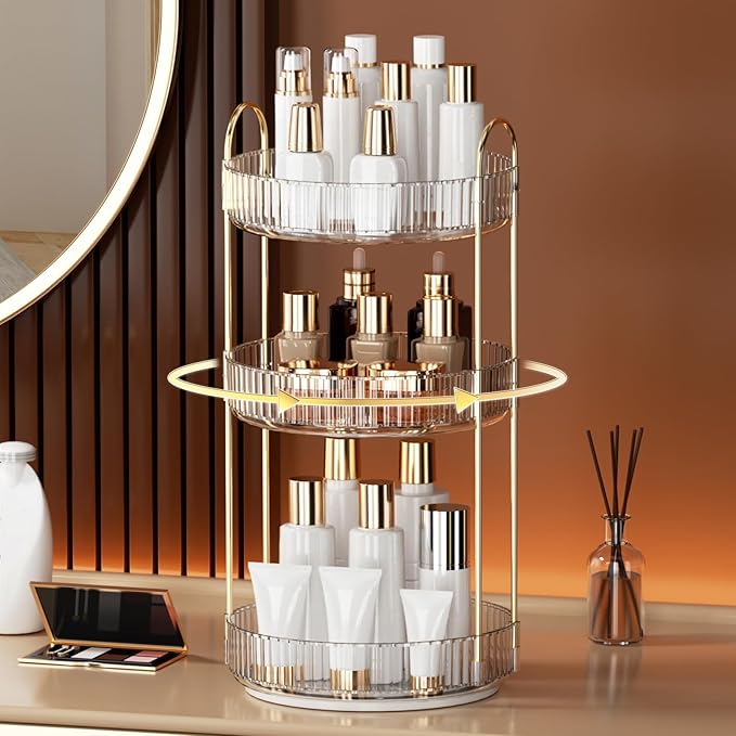YCIA&DONE 360 Rotating Makeup Organizer and Storage for Vanity Countertop 3 Tiers, High Capacity Cosmetic Skincare Perfume Or