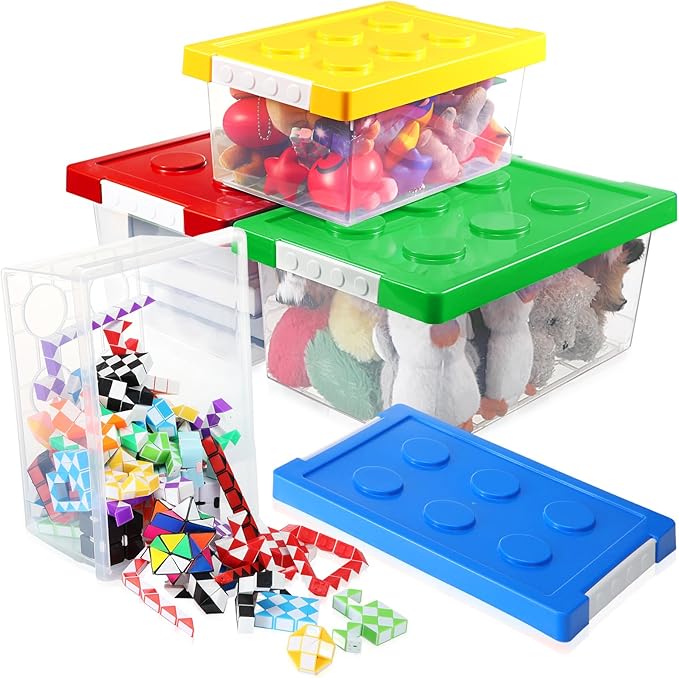 Vicenpal 4 Pack Toy Storage Containers with Lids Brick Shaped Kids Toy Organizer Box Plastic Clear Stackable Bin Chest for Bu