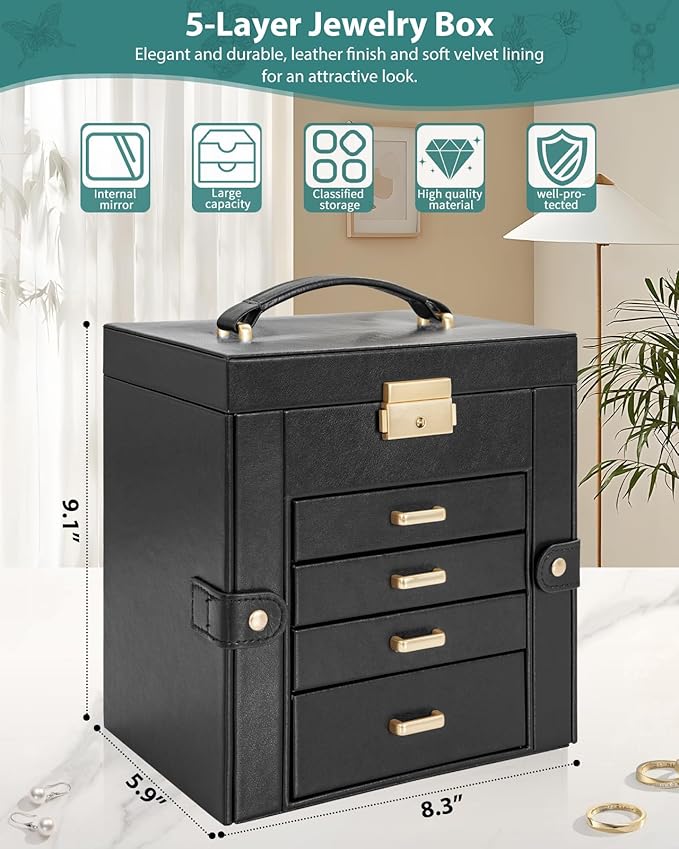 AKOZLIN 5-Tier Jewelry Box Leather Jewelry Storage Organizer with 4 Drawers Lockable for Women Girls Ring Necklace Earring Br