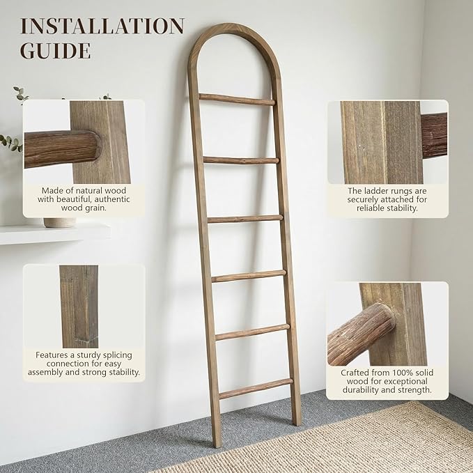 Arched Wooden Blanket Ladder -76in(6-Tier) Natural & Motley Wood - Leaning Wall Decor for Bedroom, Bathroom, Living Room - Ru