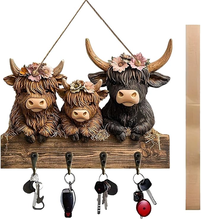 2D Highland Cow Key Hooks for Wall - Wooden Key Holder and Organizer with Flat Design for Home, Office, or Garage Decor