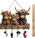 2D Highland Cow Key Hooks for Wall - Wooden Key Holder and Organizer with Flat Design for Home, Office, or Garage Decor