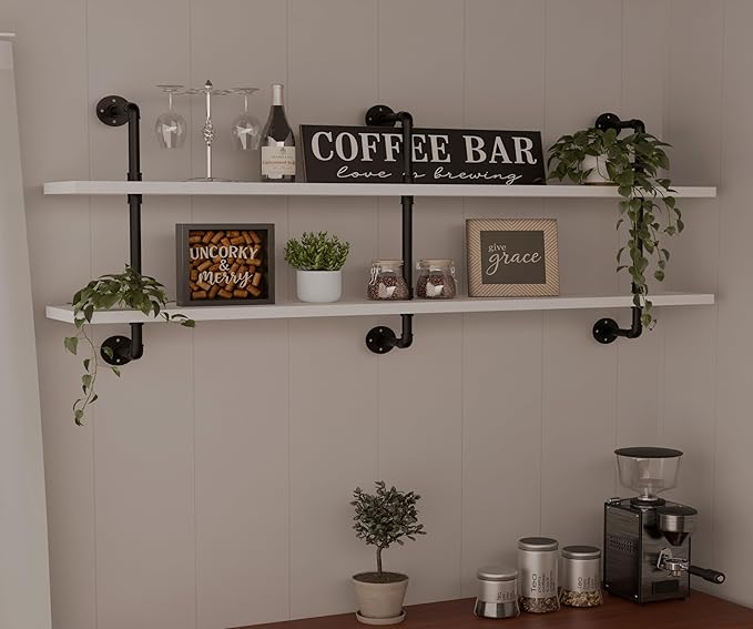 Industrial Pipe Shelving Rustic White Pipe Wall Shelves Industrial Shelves with Wood Planks Floating Shelves 60 Inch Farmhous