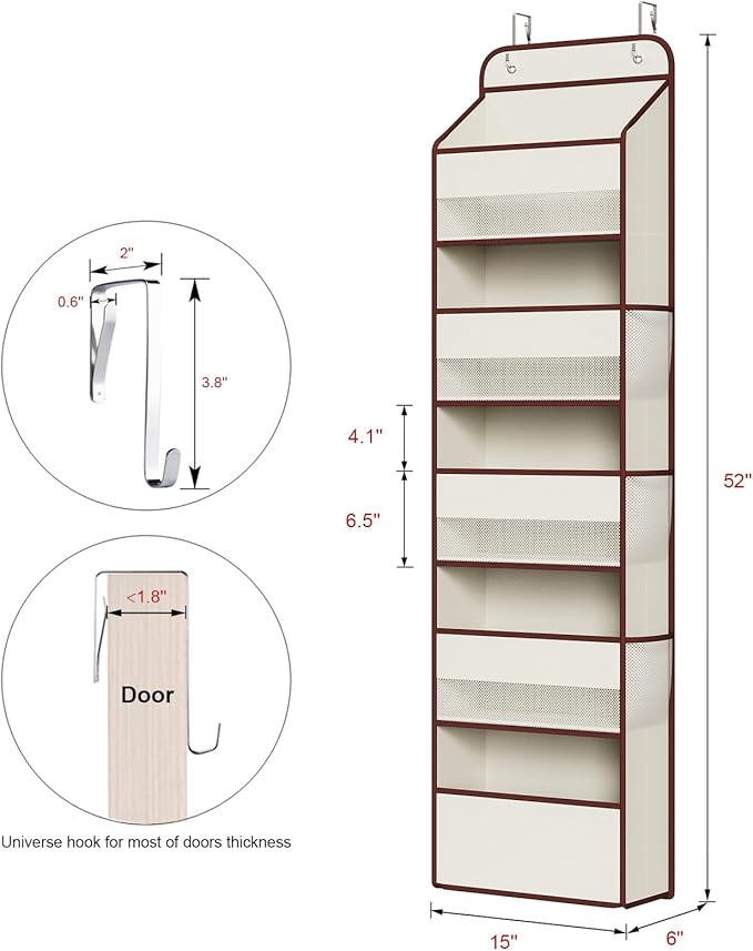 Univivi 1 Pack Over The Door Organizer, Non-Tilting Over The Door Organizer Hanging Door Storage With 5 Large Compartments 6 