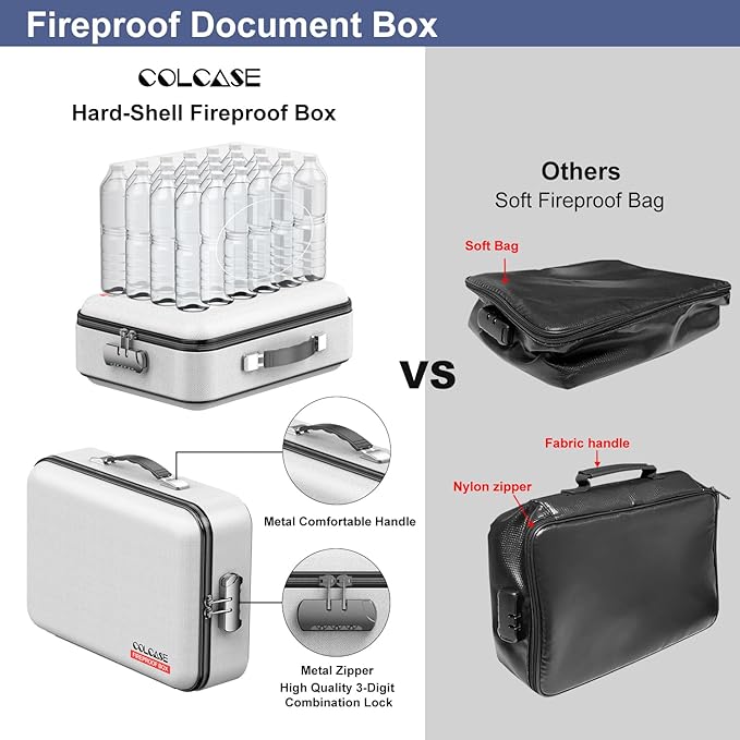 COLCASE Fireproof Document Box, Hard Case Fireproof File Organizer with Lock Hard-Shell Design Fireproof Water Resistant Safe