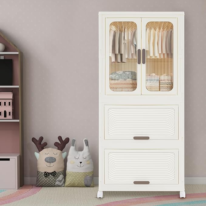 Portable Wardrobe Closet with Wheels 3-Tier Foldable Storage Cabinet Hanging Organizer with 10 Hangers Easy Assembly for Kids