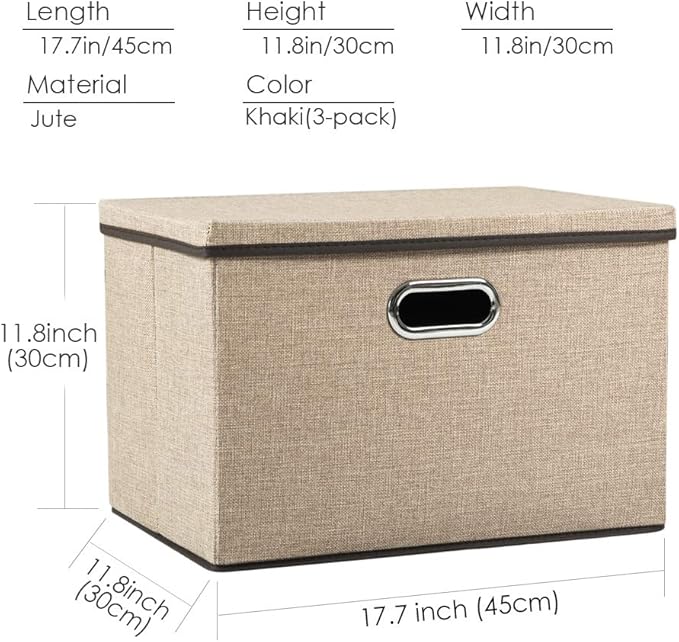 PRANDOM Large Collapsible Storage Bins with Lids [3-Pack] Jute Fabric Foldable Storage Boxes Organizer Containers Baskets Cub