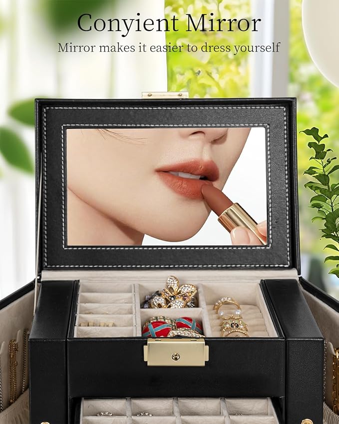 TORIBIO Jewelry Box for Women, Leather Jewelry Organizer with Mirror & Lock, 5-Tier Jewelry Storage Organizer with 4 Drawers 