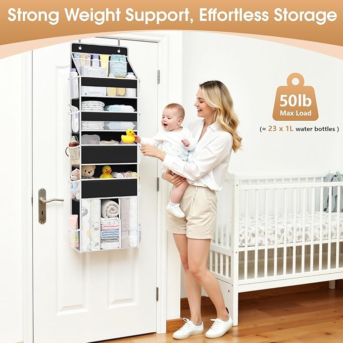WISELIFE 5-Tier Over the Door Organizer for Hanging - 50LB Heavy-Duty Back of Door Organizer with 5 Spacious Pockets & 13 Mes
