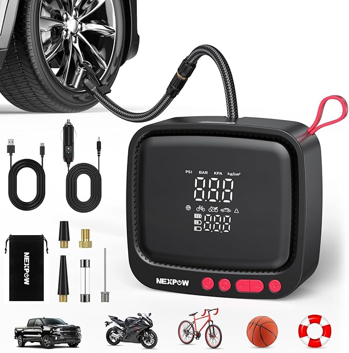NEXPOW Tire Inflator Portable Air Compressor - Air Pump for Car Tires with 12V DC Power Adapter, 180PSI Electric Tire Pump with Digital Pressure Gauge for SUV, Motorcycle, Bicycle, Basketball