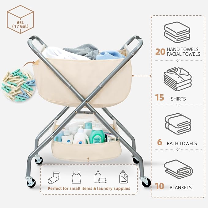 STORAGE MANIAC Collapsible Laundry Cart with Wheels 31.5"H Rolling Laundry Hamper Clothes Basket with Wheels, Canvas Liner St