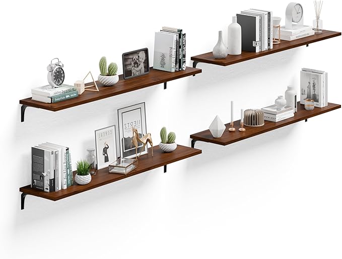12 Inch Deep Floating Shelves Set of 4, 48 Inch Extra Wide Walnut Solid Wood Wall Shelves, 4ft Heavy Duty Farmhouse Wall Moun