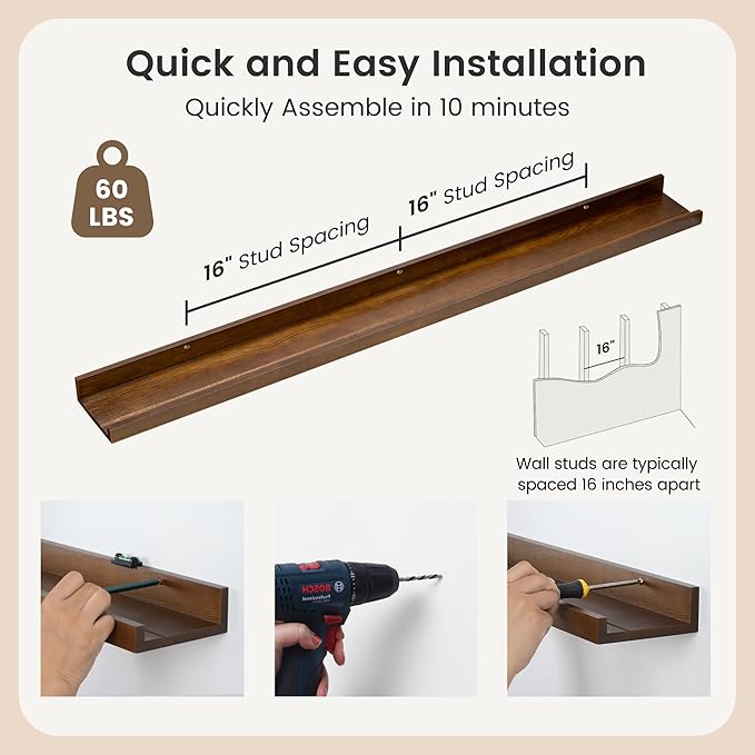 Picture Ledge Wall Shelves 48 Inches Width Set of 3, Solid Pine Wood Rustic Floating Ledge for Kids' Room Bedroom Kitchen Bat