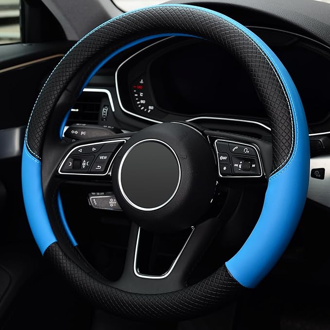 LABBYWAY Steering Wheel Cover, Universal Fit 15 Inch Microfiber Leather Car Wheel Protector, Anti-Slip, Blue