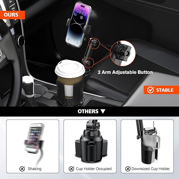 2 Pack Newlest 2 in 1 Phone Mount for Car Cup Holder with Adjustable Base, Phone Holders for Car Cupholder, No Shaking 360° F