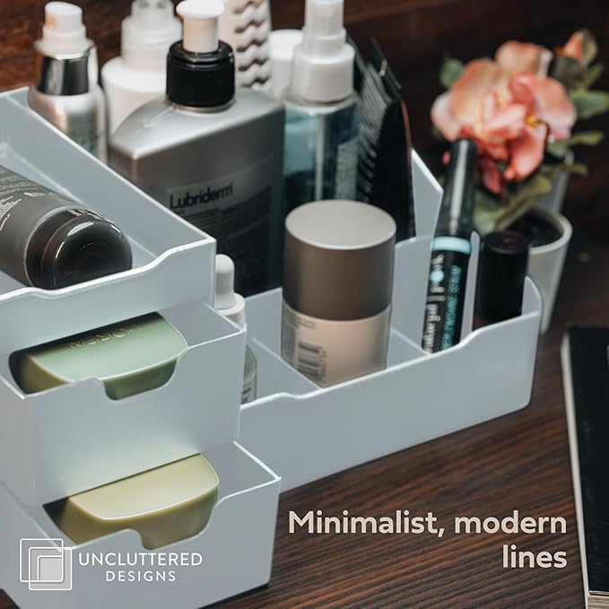 Uncluttered Designs Large Makeup Organizer for Vanity - Countertop Desk With Drawers for Cosmetic, Beauty, Hair, Nail, Perfum