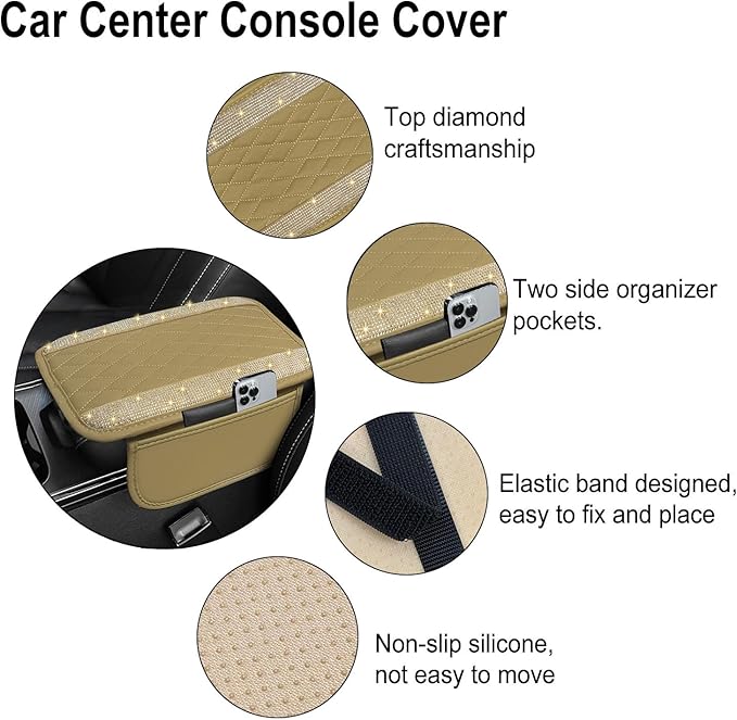 NBTEPEM Bling Beige Car Center Console Cover, Leather Car Arm Rest Cover with 2 Storage Bags, Universal Auto Armrest Protector Storage Box, Bling Accessories Interior for Most Vehicles