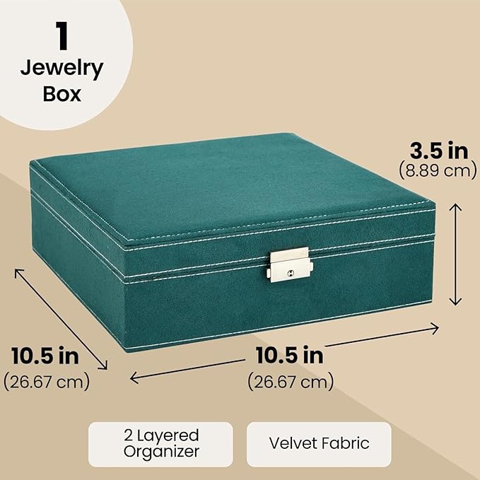 Juvale Velvet Jewelry Box Organizer - 10.5 x 10.5 x 3.5 in, Green - Lockable 2-Tier Travel Jewelry Case & Earring Storage - R