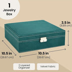 Juvale Velvet Jewelry Box Organizer - 10.5 x 10.5 x 3.5 in, Green - Lockable 2-Tier Travel Jewelry Case & Earring Storage - R
