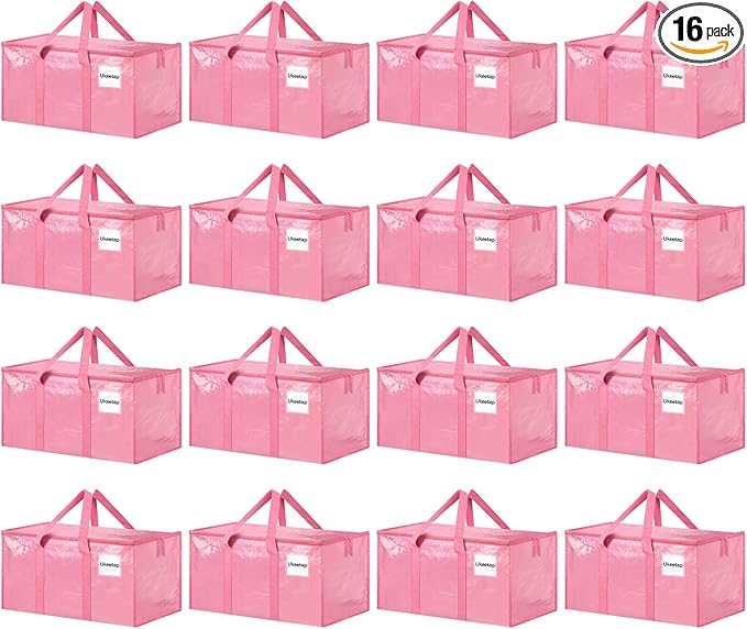 16 Pack Extra Large Heavy Duty Moving Bags, Pink Storage Bins with Lids, Reinforced Handles & Heavy-Duty Zippers Moving Boxes