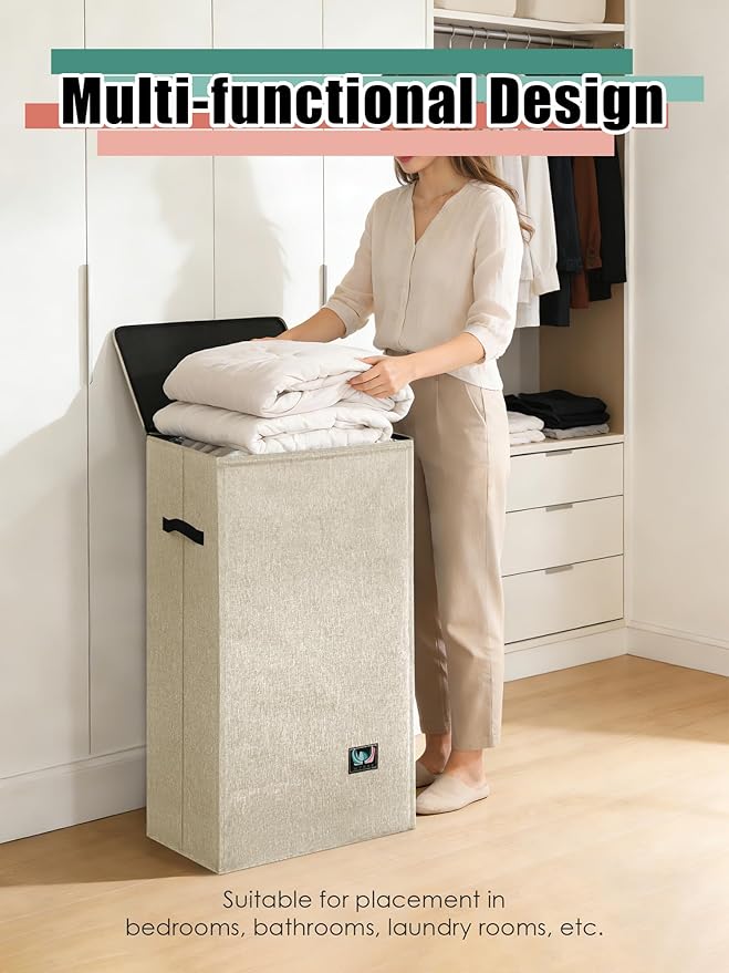 WTREE Laundry Hamper with Lid, Reinforced Sturdy Clothes Hamper with Anti-Puncture Base, Large Collapsible Laundry Basket wit
