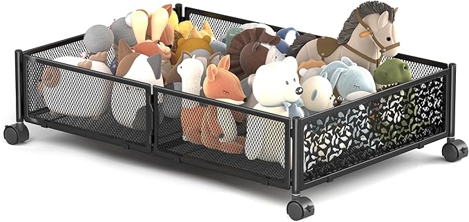 Under Bed Storage with Wheels, Foldable Pattern Carved Metal Under Bed Storage Containers, 60L Rolling Underbed Storage, Easy
