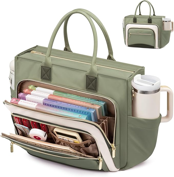 LOVEVOOK Teacher Tote Bag for Women,Laptop bag with Large Cup Holder,Work bag with Accordion File Organizer Pocket,Multi-Pock