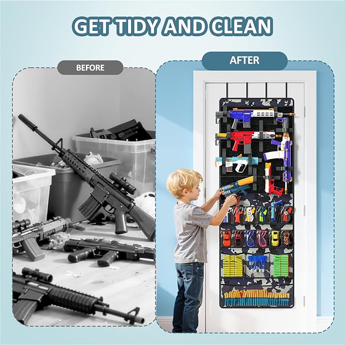 Over The Door Organizer for Toy Guns, Toy Storage, Toys Organizer with Pockets, Hook&Loop Straps for Foam Blasters, Darts, Go