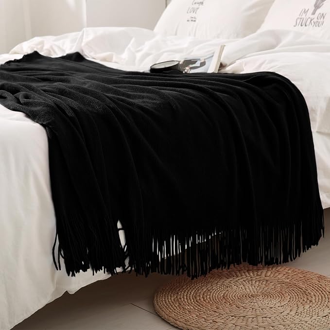 Homiest Decorative Knitted Throw with Fringe, Lightweight Acrylic Knit, Soft Tassel for Couch, Sofa, Bed (Black, 50 x 60 Inch